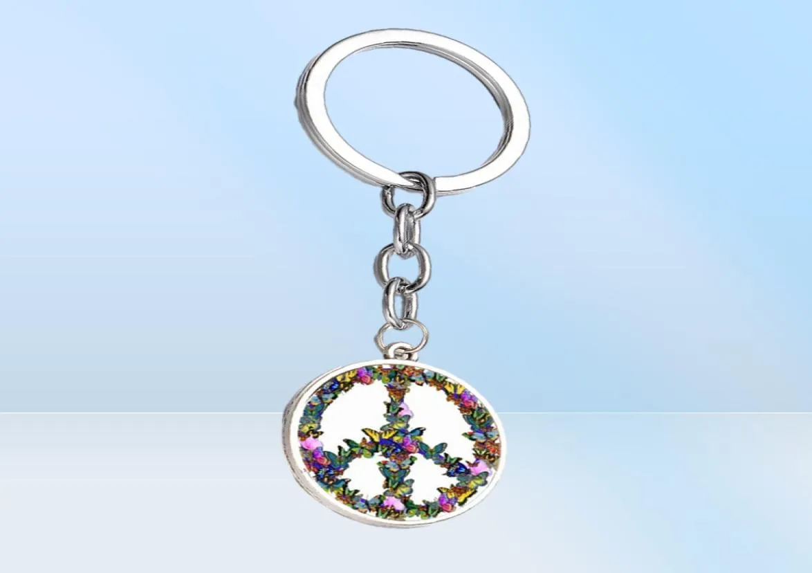 Novelty Butterfly Combination Peace Sign Keychain DIY Hippie Peace Bus Sign Glass Cabochon Pendant Charm Key Ring7054588