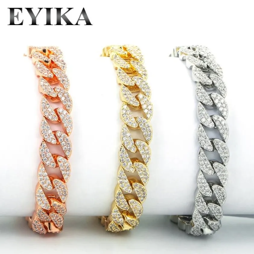 Bracelets de charme Eyika Luxury Hip Hop Full Bling Bling Iced Out Zircon Bracelet pour femmes hommes Cuban Link Chain Gold Gold Gold Silver Colo246Q