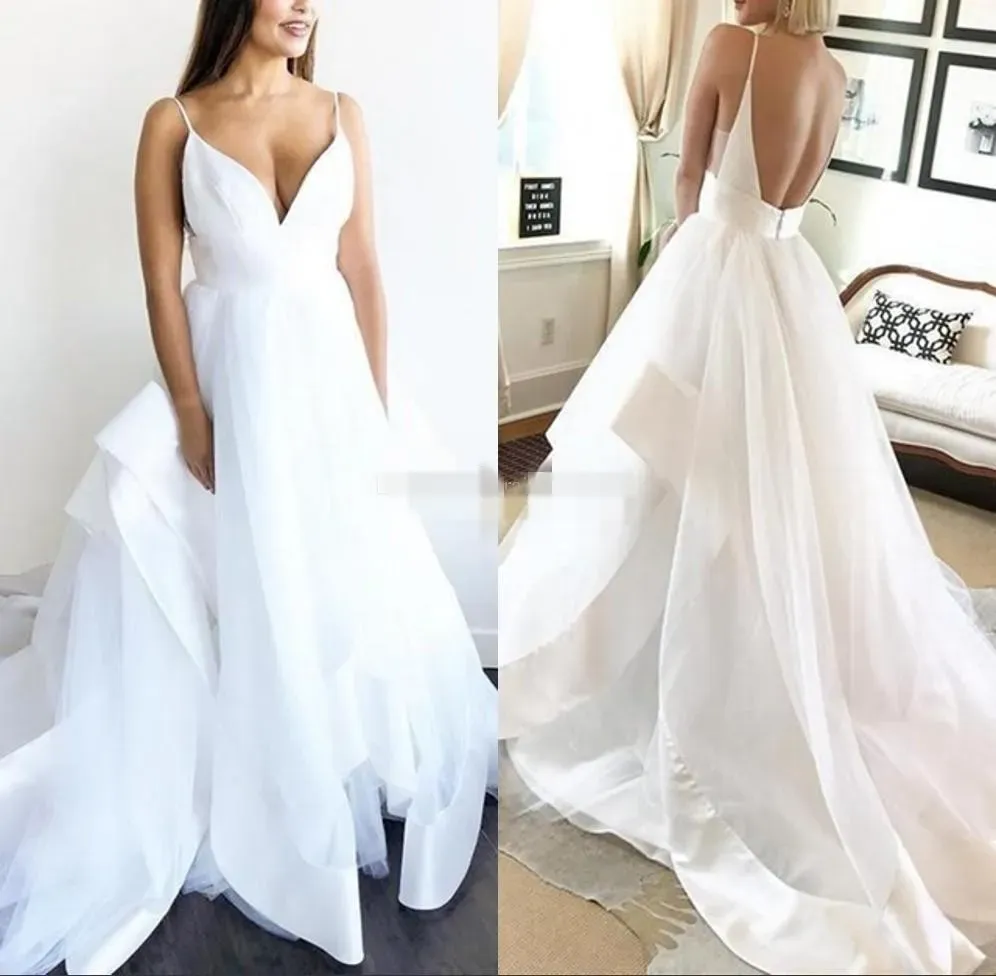 Abiti da sposa sexy in spiaggia spalline spaghetti cinghie a più galline organo raso 2024 in tulle senza schienale sweep train abiti da sposa personalizzati più dimensioni