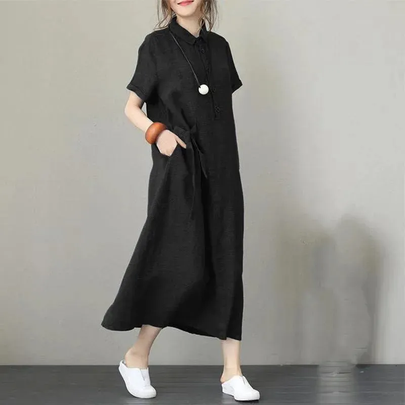 Womens Buttondown Cotton Linen Loose Dress with Pocket Ladies Casual Solid Knapped Cover Up Shirt 240415