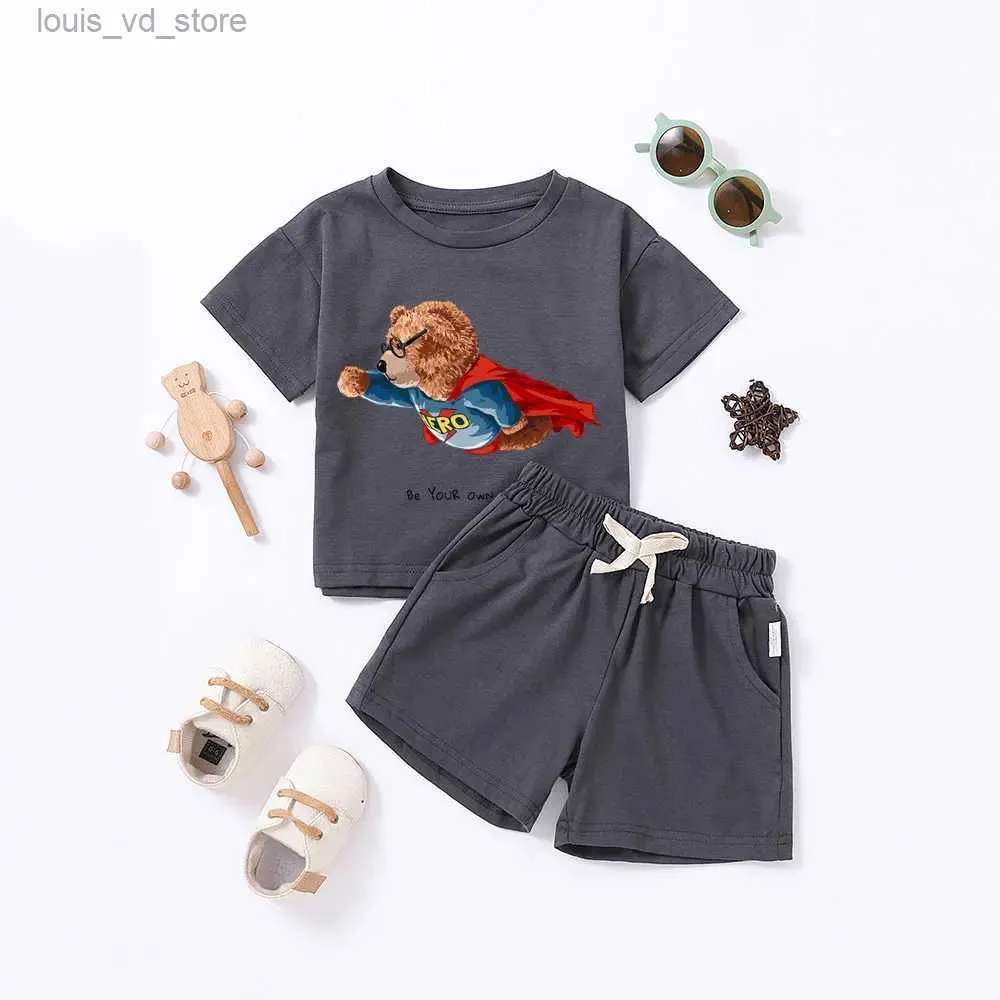 Clothing Sets 2pcs Summer Children Clothes Sets Cartoon Bear Print Casual Suits for Boys Girls Kids Shorts T-shirt Outfits 0-5T T240415