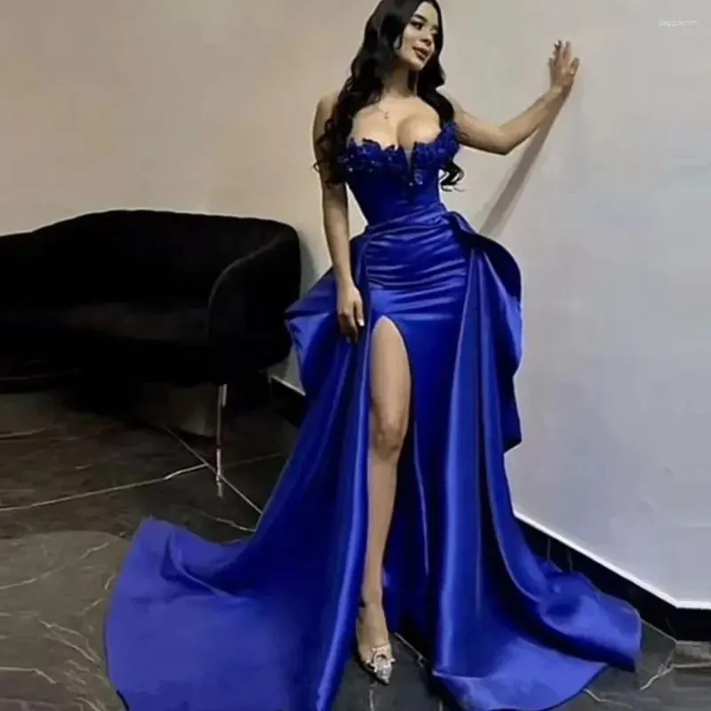 Royal Blue Satin Strapless Prom Dress with Pleats, High Side Split