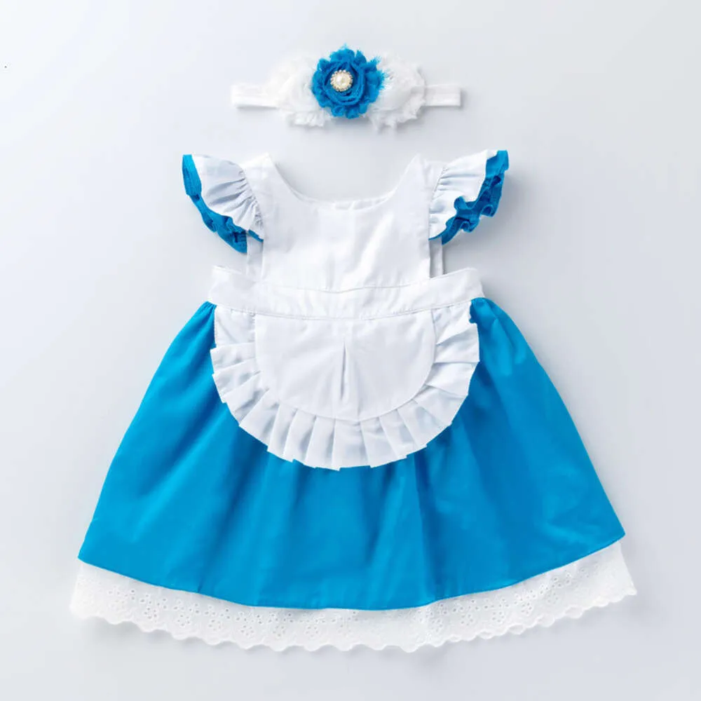 Robe Summer Girl's New White Blue Cendrillon Maid Fashion Flying Flying Sleeves Princess Robe de 1 à 6 ans Robe de fille