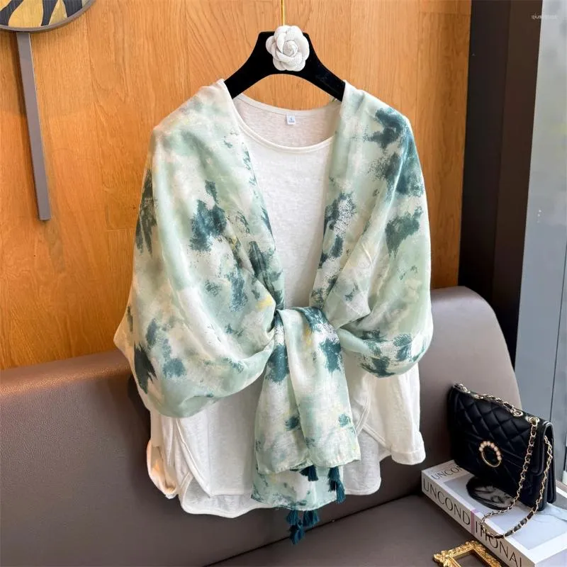 Lenços lençóis verdes lenço de linho de algodão Sra. 2024 Verão retangular 180 80 Praço de cabeça de moda de xale multifuncional