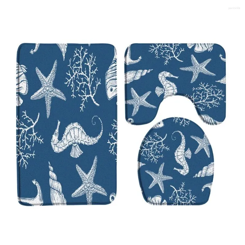 Badmattor 3st/Set Ocean Temed Badrum Mat Seahorse Starfish Anchor Sea Animal Flanell Decor Bathtub toalettmatta Non-Slip Rug