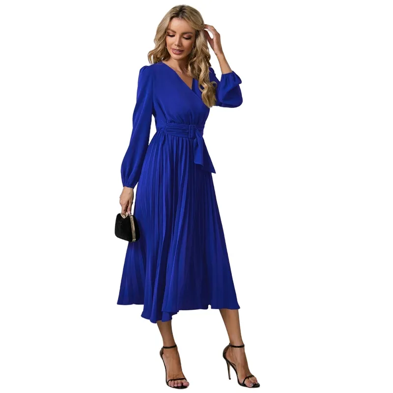 Robe de styliste à manches longues pour femmes, coupe cintrée, plissée, avec ceinture, pull élégant, couleur unie, robe de Cocktail formelle avec ceinture