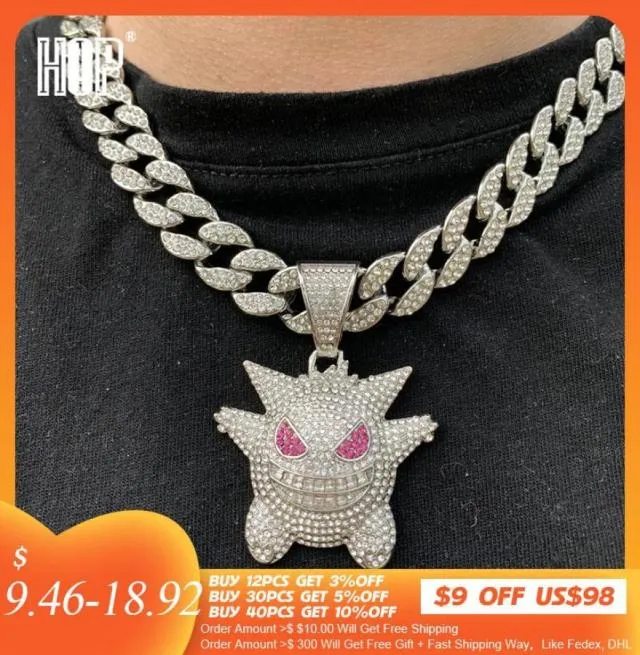 Hip Hop Iced Out Gengar Bling Ghost Ally Gold Silver Color Pendant Collier For Men Women Jewelry With Chains2527686