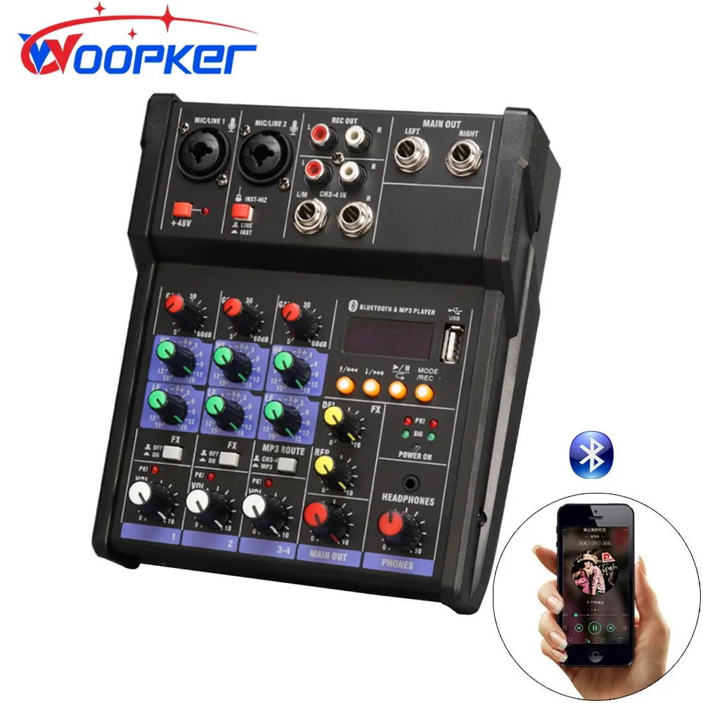 Mixer Woopker Karaoke Bluetooth 4Cannel DJ Mixer Mixer Mixagem Profissional Console com Efeito Reverb para Home Live Stage