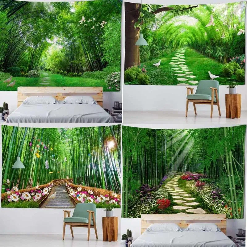 Tapestries Customizable Natural Landscape Tapestry Green Bamboo Forest Home Wall Hanging Aesthetics Room Art Yoga Sheet