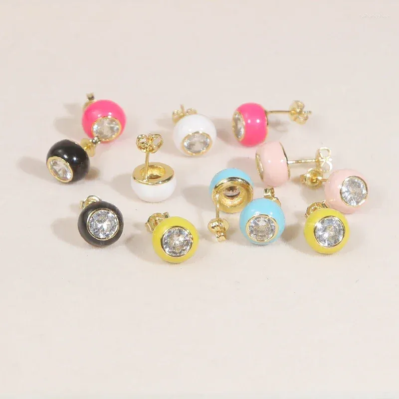 Stud Earrings Delicate 10mm Colorful Enamel Paved White Cubic Zirconia Gold Plated Color Cute Earring For Women Fashion Jewelry