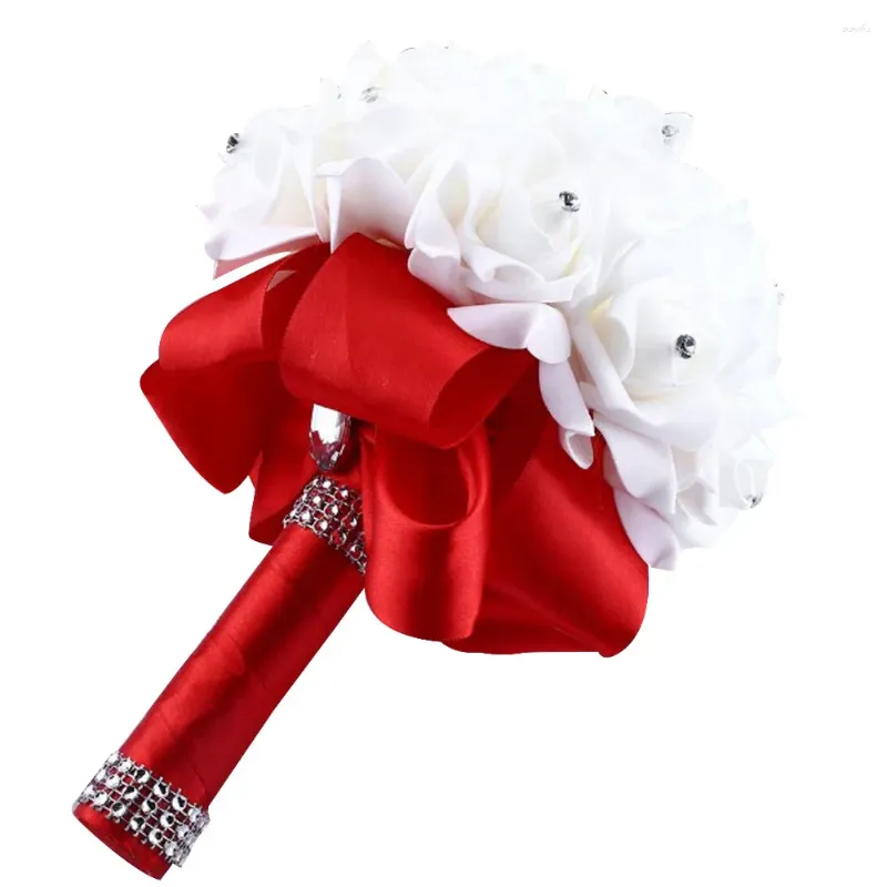 Fleurs décoratives Crystal Roses Pearl Bridesmaid Wedding Bouquet Bridal Artificiel Silk Hand Craft Gorgeous Rose pour Party Decor