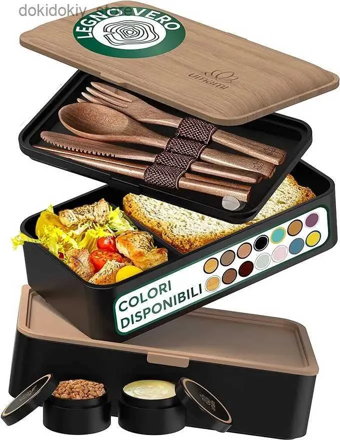 Bento Cajas de lonchera de bento Umami para adultos con utensilios de salsa frascos de microondas a prueba de fugas Fácil de limpiar - Black Walnut L49