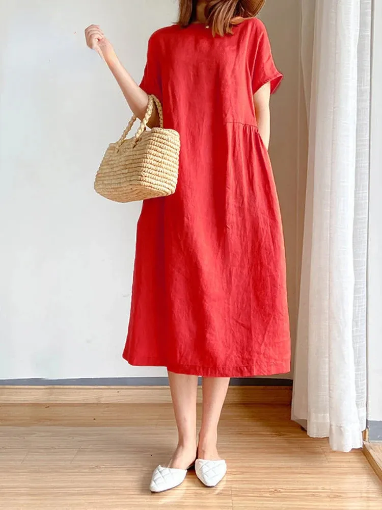 Summer Women Dress Casual Loose Short Sleeve ALINE Oversize Solid Midi Cotton Linen Dresses for Vestidos De Mujer 240415