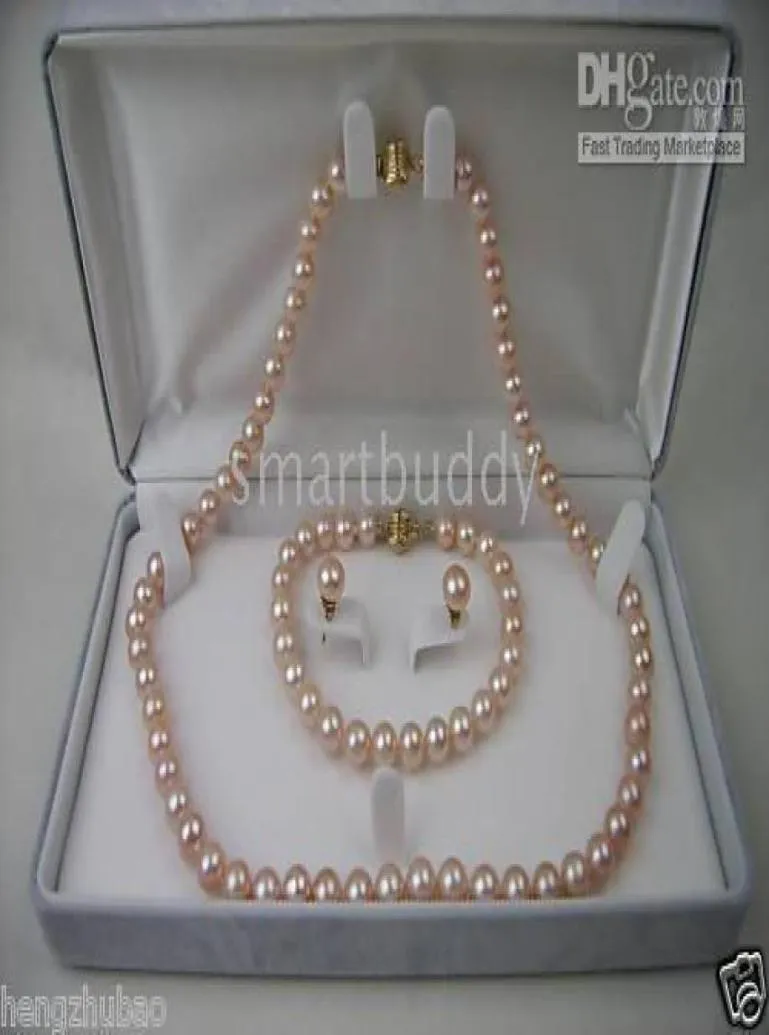 Fine Natural 78MM Akoya Pink Pearl Necklace Bracelet Earrings SET 14K1732425