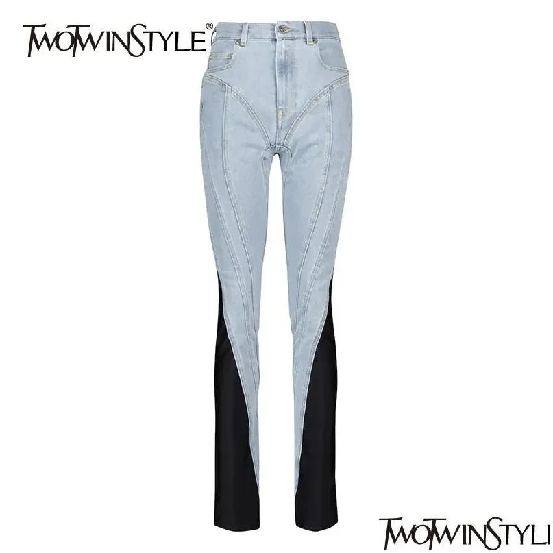 Kvinnors byxor capris kvinnor s twotyle colorblock arbete denim blyertsbyxa hög midja casual smala jeans byxor kvinnliga mode 2023 en dhgif