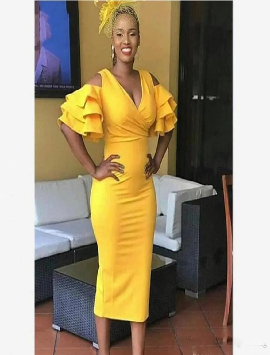 Vestidos de cocktail amarelo de comprimento de chá 2019 bainha mangas curtas club formal use casas de baile de origem de casa de festas de baile plus size de tamanho personalizado9298442