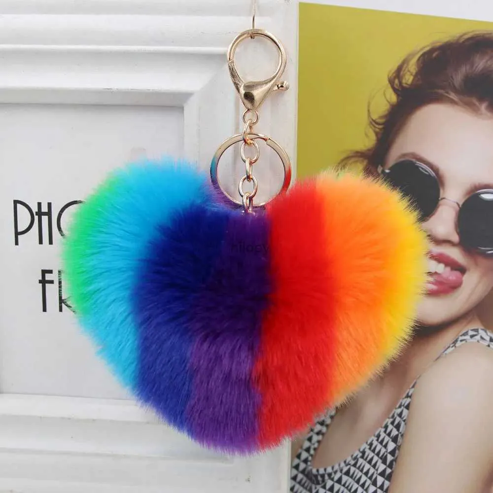 Keychains Lanyards Simulation Fur Heart Pom-Pom Keychain Love Fuzzy Bag Purse Charm Ring Fluffy Ball Lovely Valentines Key Chain Fob Fashion Gift