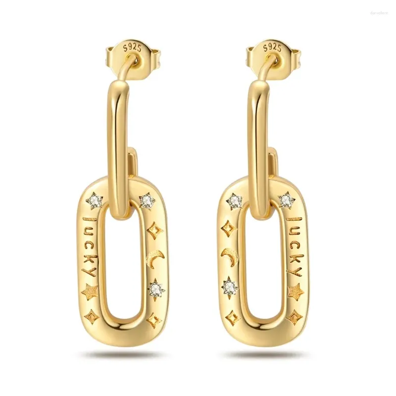 Boucles d'oreilles en peluche brillantes 925 Sterling Silver Gold Star Moon Oshaped Lucky for Women's Exquis Bijoux Accessoires