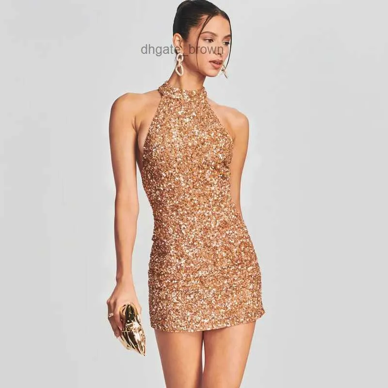 Femmes haut de gamme Femmes Sexy Backless Neck suspendus Sequin Mini jupe serrée Ajustement de la Socialite Party Robe pour femmes