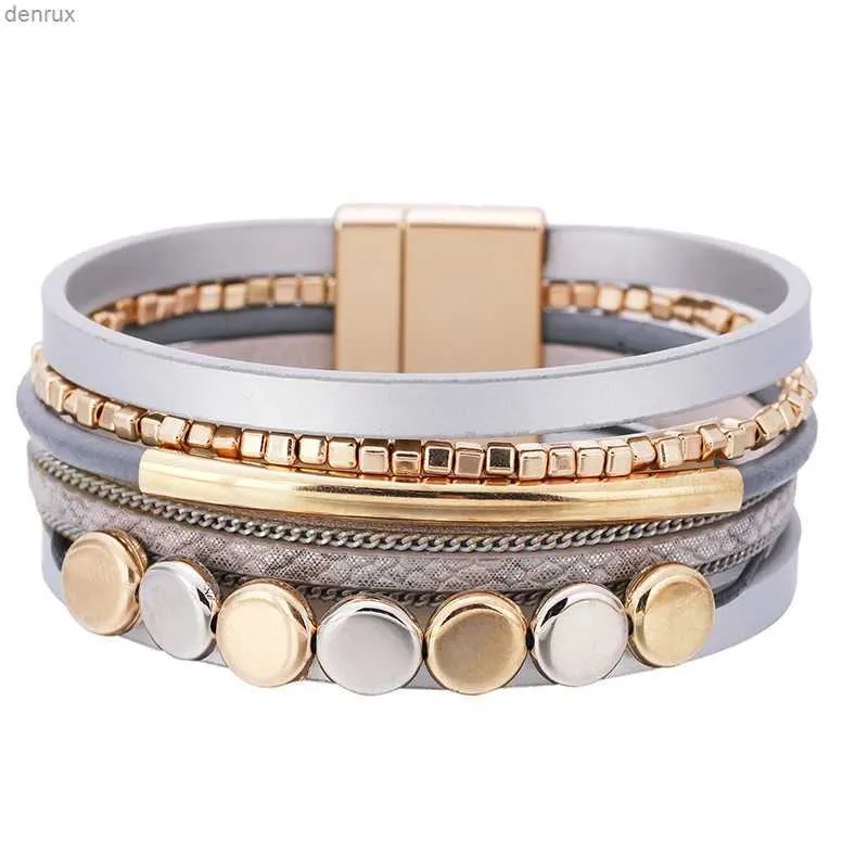 Other Bracelets WYBU Summer Beach Style Magnetic Suction Bracelet Femme Retro Hardware Brass Accessory Leather Bracelet for Women Jewelry GiftL240415