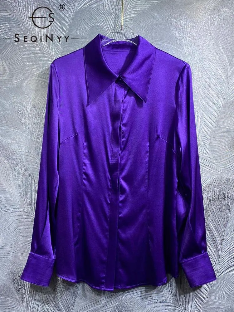 Blouses pour femmes Seqinyy Silk Purple Blue Shirt Summer Summer Fashion Design Fashion Femme Femme High Quality Top Casual