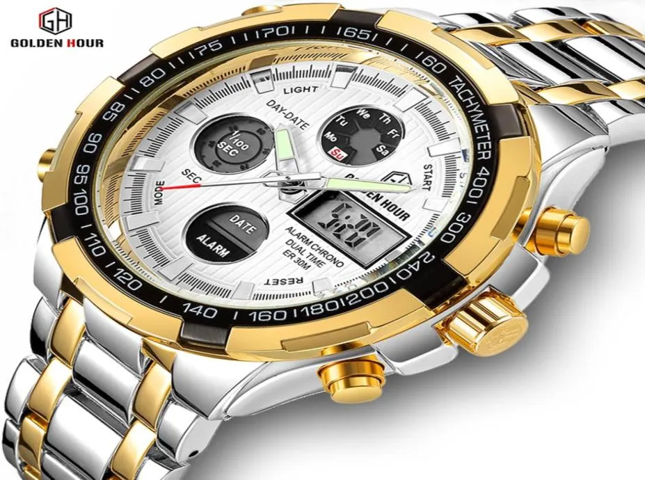 Goldenhour Steel Business Meen смотрит на модные мужчины Quartz Watch Date Week Дисплей наручные часы Аналоговые водонепроницаемые мужские часы Relogio Y7070831