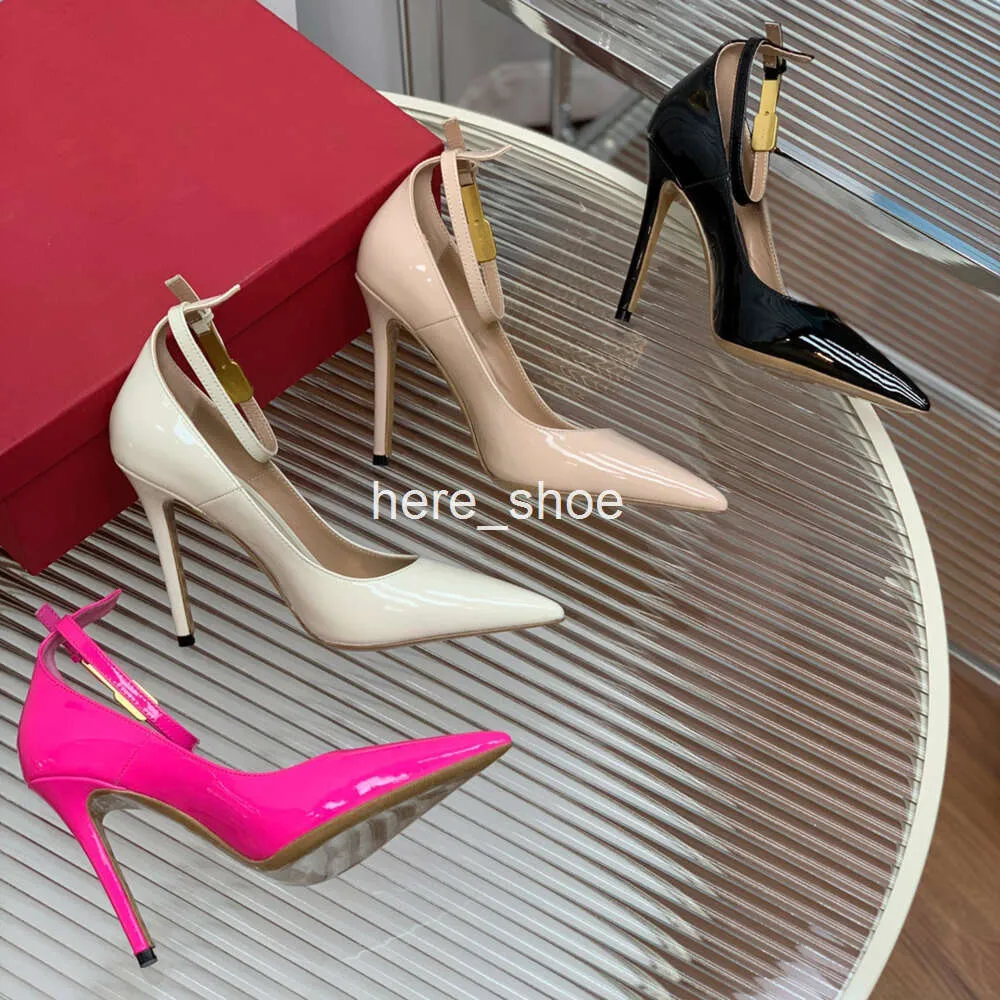 Stiletto häl klänningskor modedesigner fuchsia patent läder spänne pumpar 11 cm hög klackade spetsiga tår ankel remmar kvinnors sko 35-40