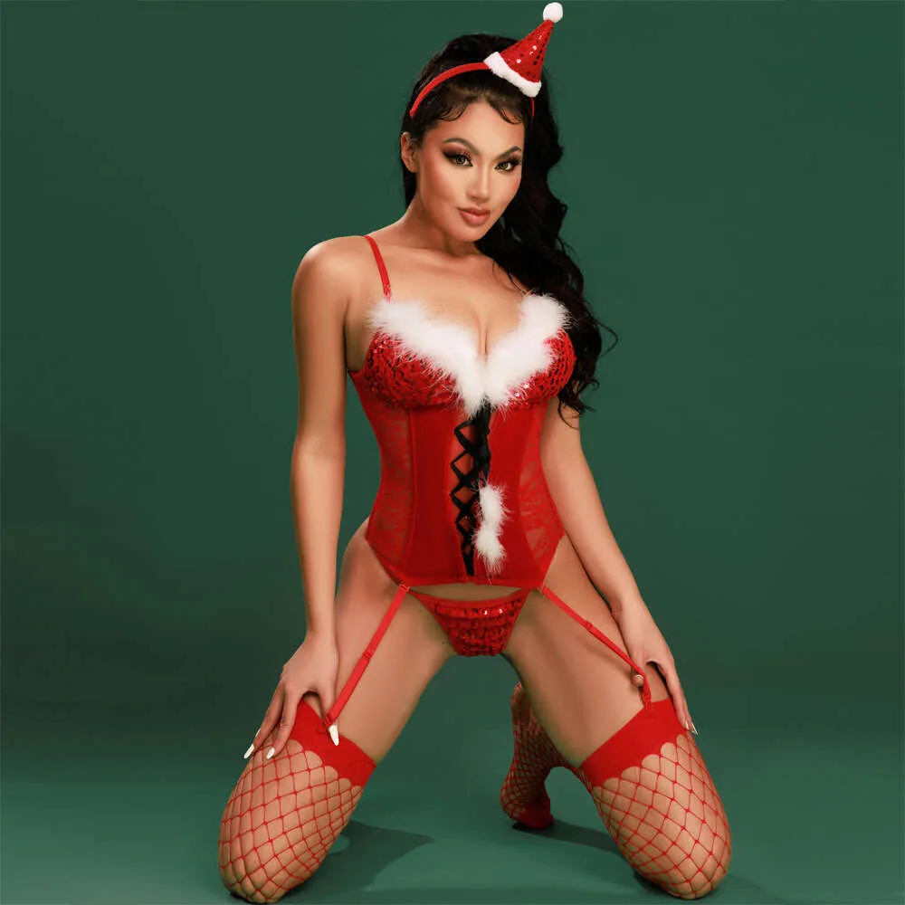 Red Sexy and Fun Christmas Costume Performance Set Performance with Sequins Perspective Uniforme Tentation 8115