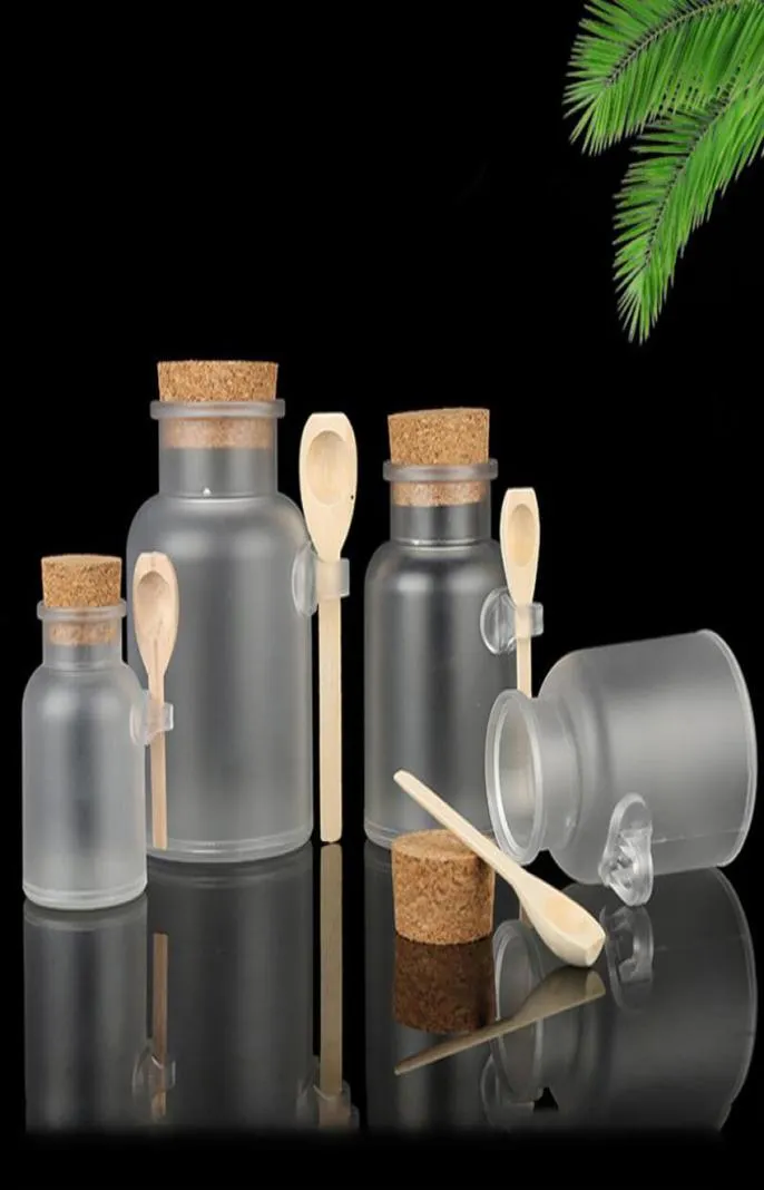 Frostade plastkosmetiska flaskor behållare med korklock och sked badsaltmaskpulverkrämförpackningsflaskor Makeup förvaring Jar8969023