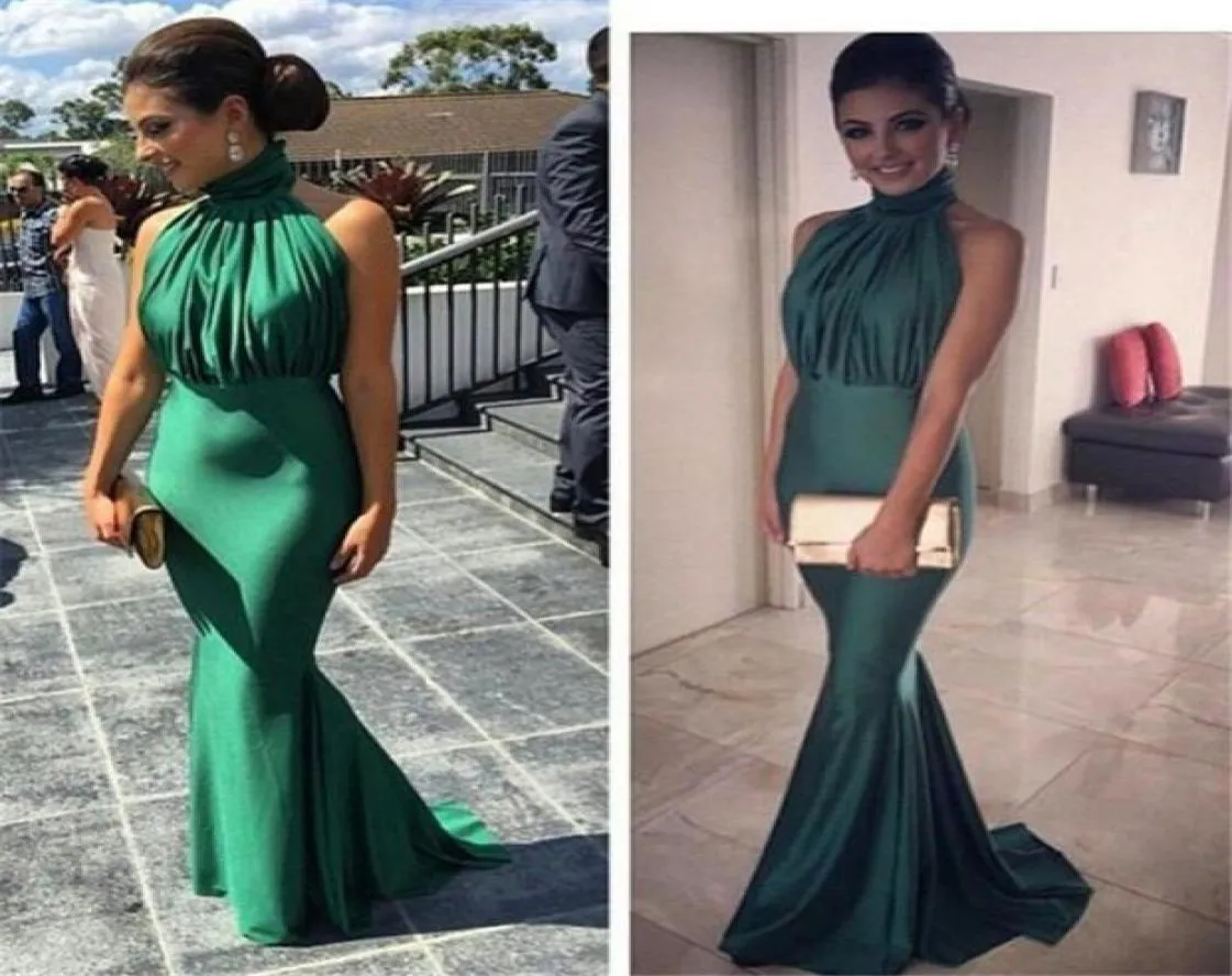 High Neck Emerald Green Mermaid Prom Dresses 2019 Sexy Off Off Thooks Ruched Sweep Train 저렴한 긴 이브닝 드레스 우아한 멍청이 D7859957