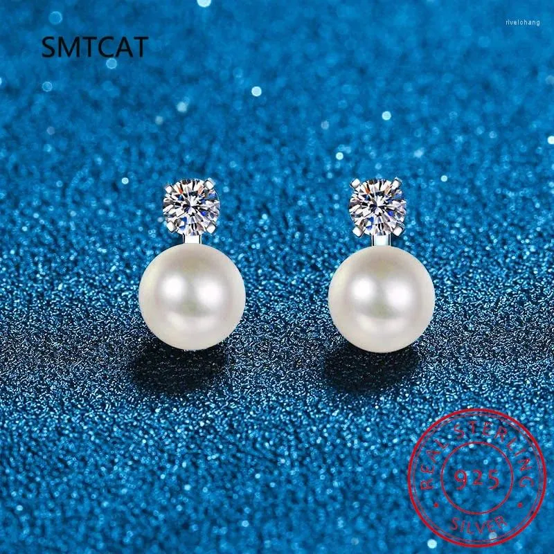 Studörhängen 9mm Pearl D Color 0.2/0,6CT Moissanite Earring S925 Sterling Silver White Gold Plated Wedding Jewelry for Women