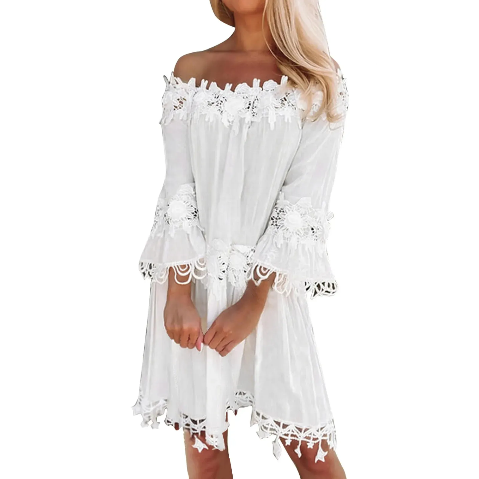 Abito bianco estivo per donna casual boho hippie in pizzo in chiffon patchwork abiti eleganti fuori spalla abiti da spiaggia di abiti da spiaggia 240415