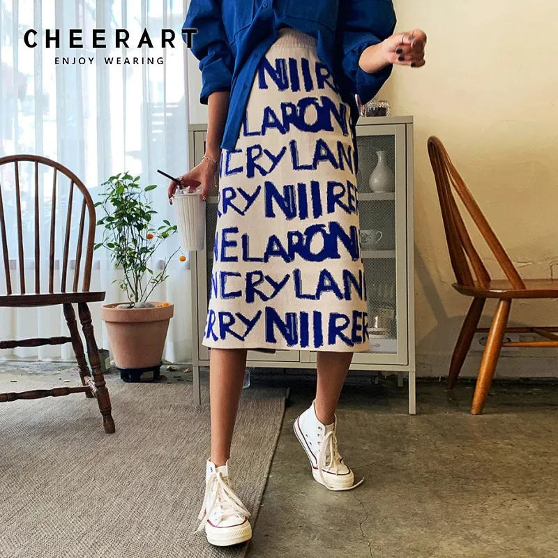 Cheerart tröja kjol kvinnor brev tryck stickad koreansk hgih midja lång vinter wrap varm designer mode 240411