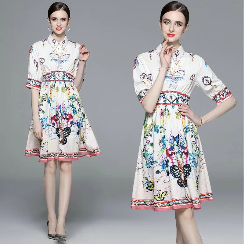 Boutique Girl Printed Dress Short Sleeve Dress Summer Dress High-end Fashion Printed Lady Dresses OL Runway Dresses