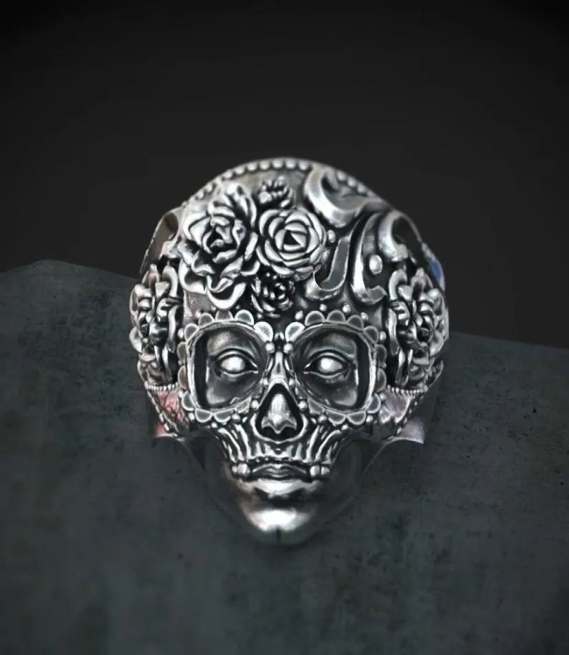 Exclusivo 316l Aço inoxidável de aço pesado Skull Ring Mandala Flor Santa Muerte Biker Jóias Tamanho 7 144692542