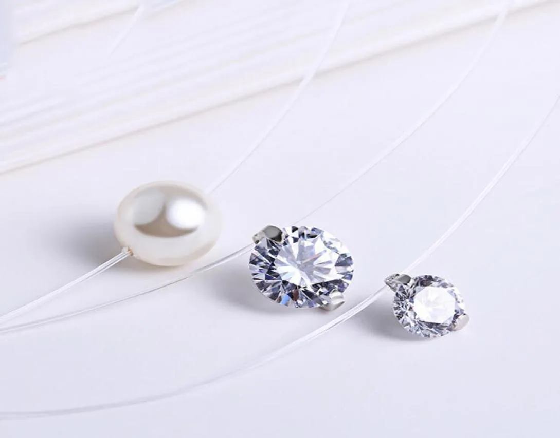 68 mm White CZ i Pearl Invisible Clear Linia Naszyjnik 925 Srebrny Kobiet Jewelry4353810