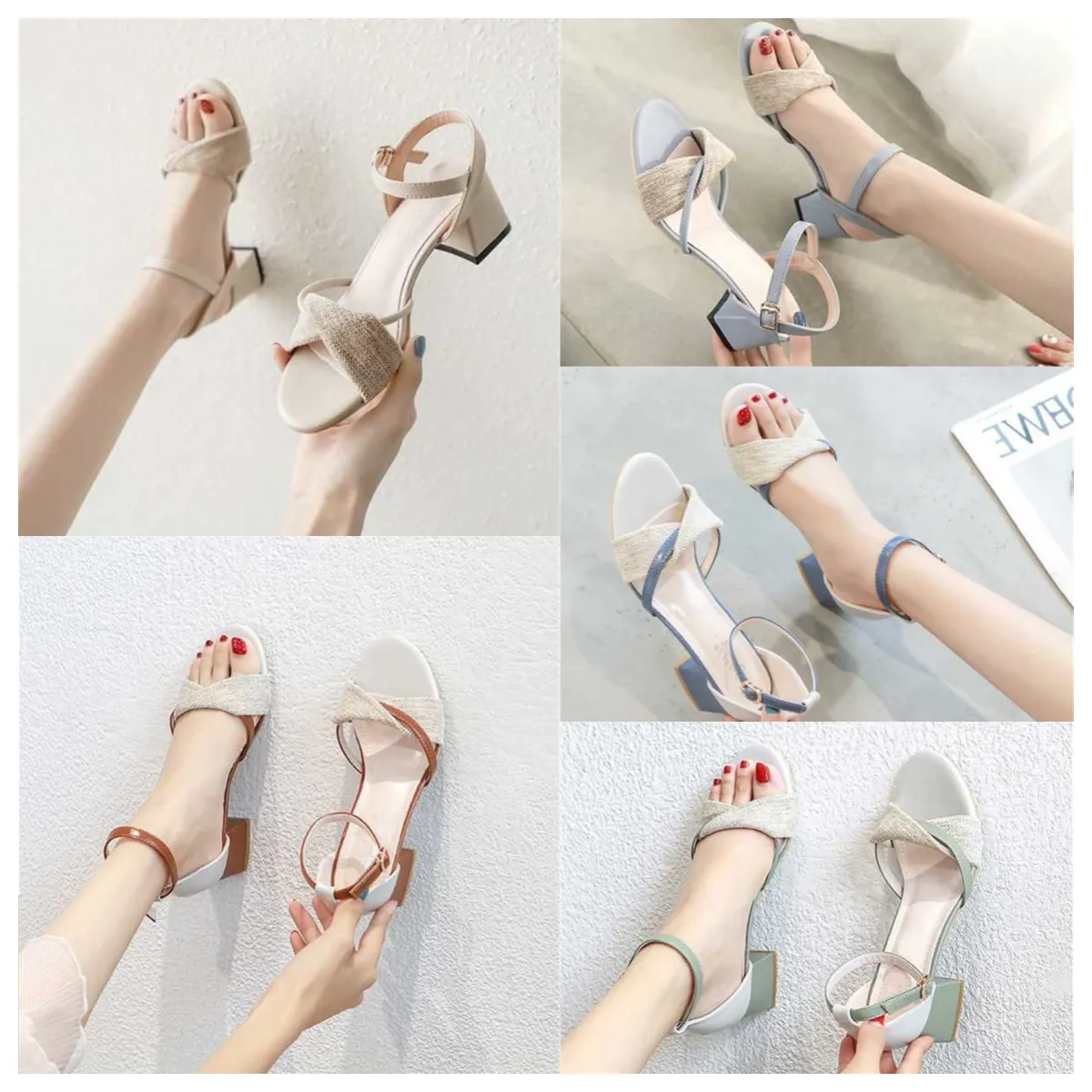 2024 new top Luxury Thick heeled sandals for women blue versatile in summer gentle in the middle heel Roman buckle strap high heels