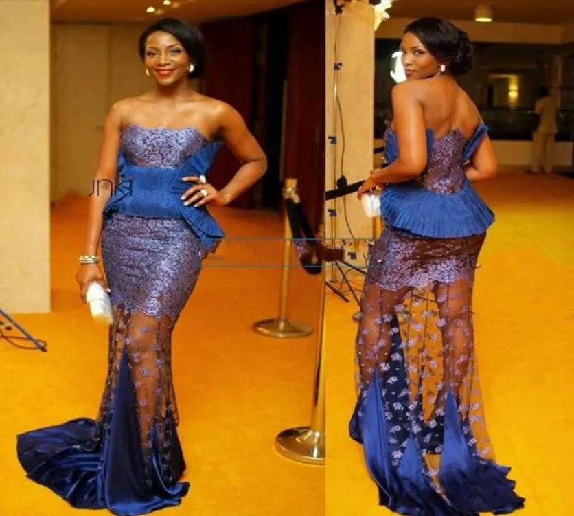 2016 Design ASO EBI Mermaid Abiti da sera in pizzo Sheer Lace Infrapless con abiti da sera africani in peplo formali blu pieghevoli Sweep 4536358