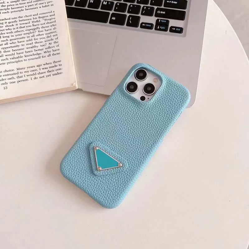 iPhone 15 Pro Max Designer Pebbled Phone Case for Apple 14 Plus Samsung Galaxy S24 S23 Note 20 Ultra Luxury Litchi Leather Fabric Lens Bump Back Cover Coque Fundas Blue