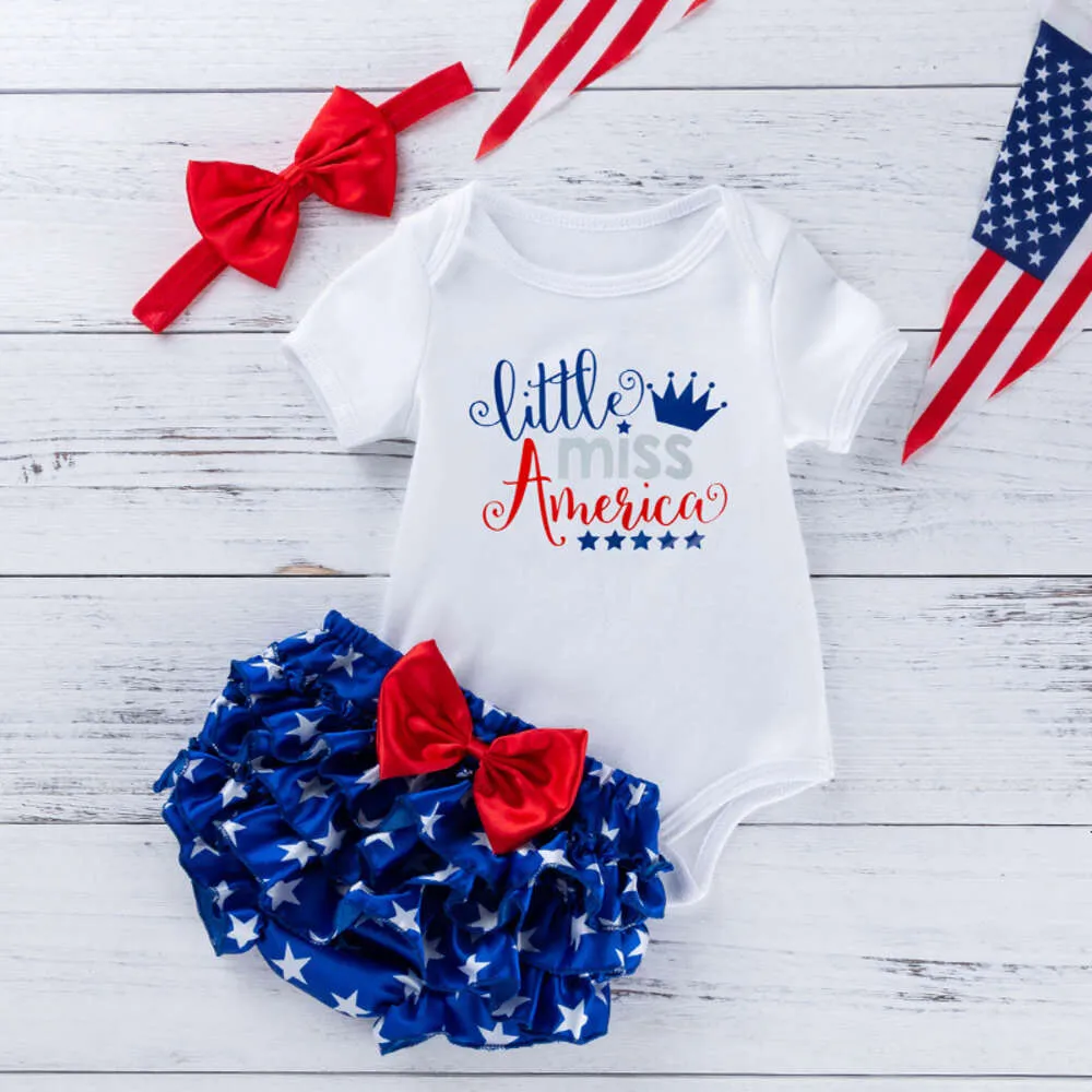 American 2024 New Independence Day Baby Costume Cartoon Letter Harper Star PP Pant Set