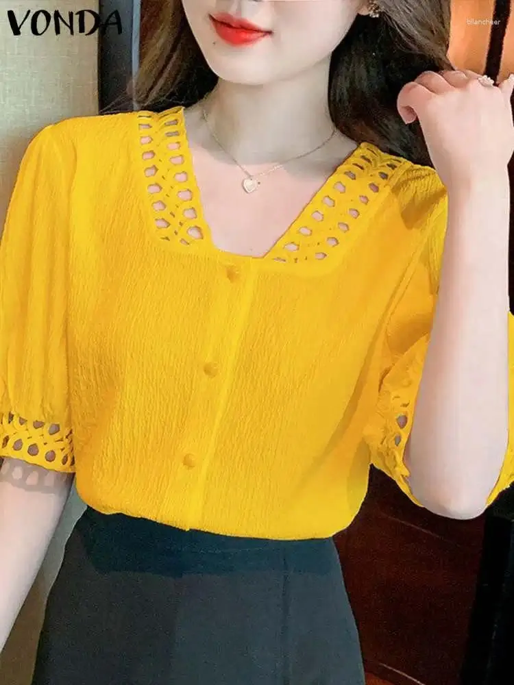 Blouses des femmes Elegant en dentelle patchwork chemises Vonda 2024 Femmes Summer Casual Hollow Out Blouse à manches courtes Tops Couleur V Couleur V