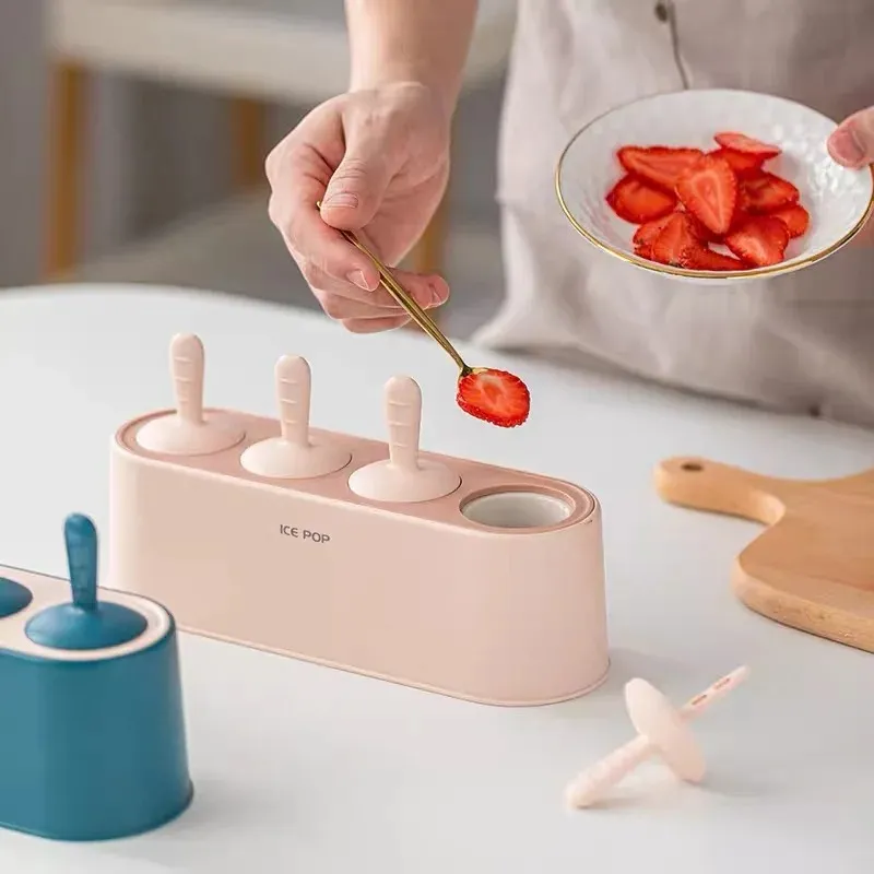 Home Ice Cream Mold Popsicle Diy Tool Silicone 4-hole Popsicle Box Children Dessert Ice Cream Maker Kitchen Tools Diy Ice Cream