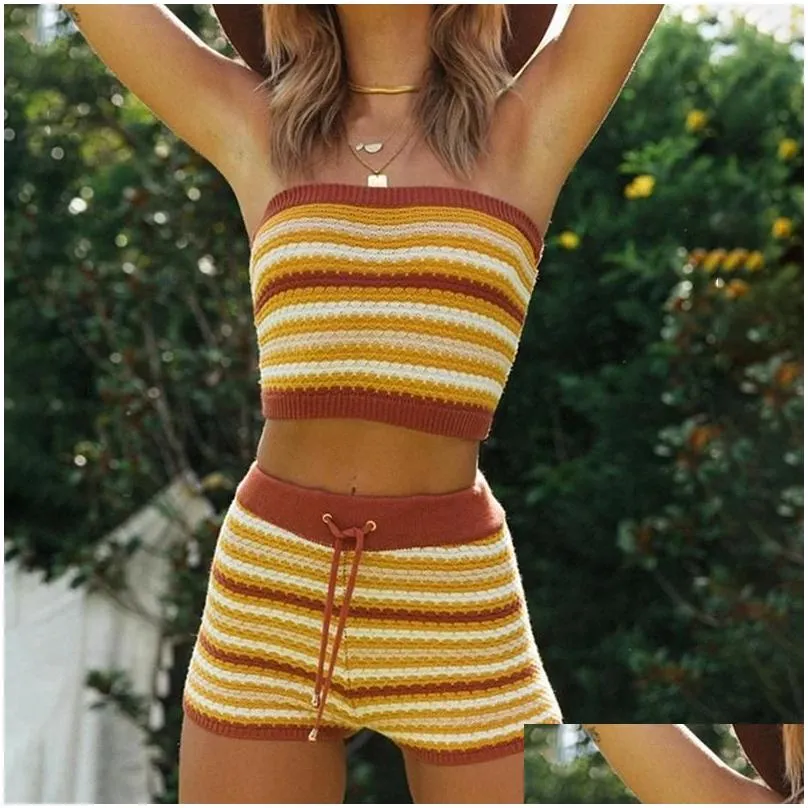 Womens Jumpsuits Rompers Mosimolly 2021 Summer Striped Knitted Romper Women Bandeau Strapless Boho Beach Two Pieces Sets Casual Drop D Dhwgb