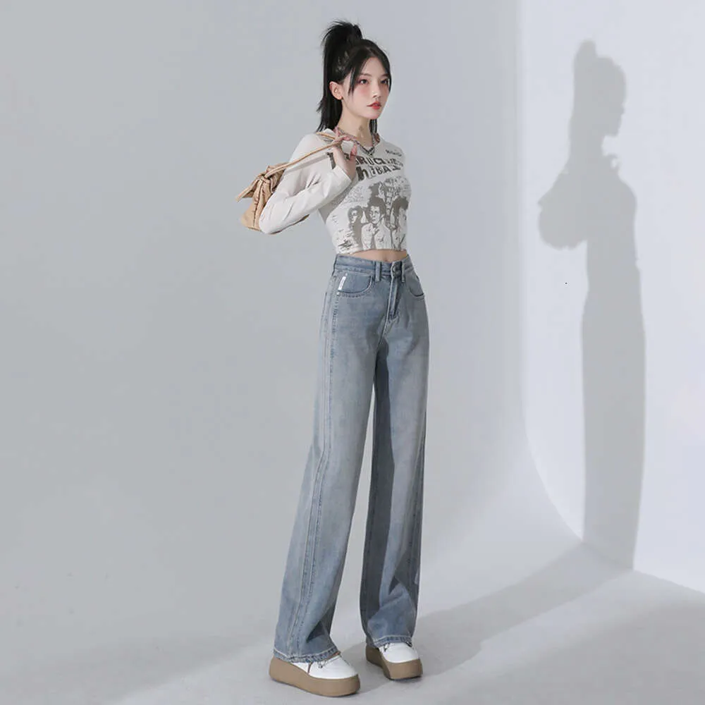 2024 Spring design washed denim wide leg pants womens loose straight leg pants