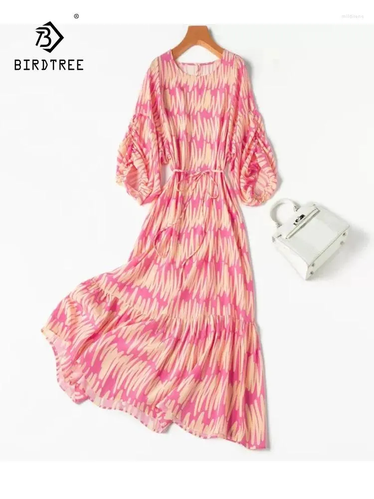 Sukienki imprezowe Birdtree Real jedwabny elegancki damski rękaw z nadrukiem mody potargany sukienka Edge 2024 Summer D43903QC
