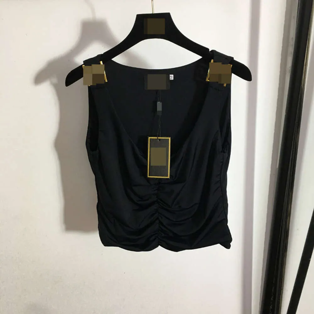 Fans Summer Metal Shoulder Buckle Decoration Wrinkle Slim Fit Cool Tank Top T-shirt Womens Solid Color