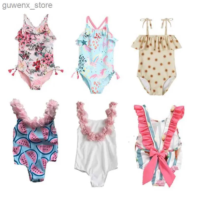 Endelar Småbarnsflicka Baddräkter Baby One Piece Flower Printed Swimming Cloths Kids Sunflower Beach Bath Bikini Nyfödda Backless Badkläder Y240412