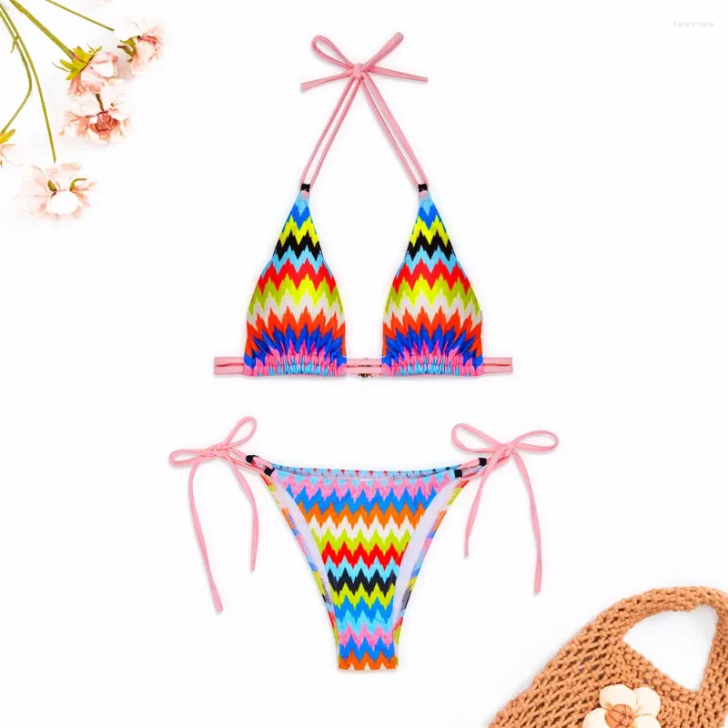 Menas de banho feminina colorida estampa colorida biquíni halter string sem costas de duas peças y2k maiô feminino tendência praia tanga de maiô brasileiro