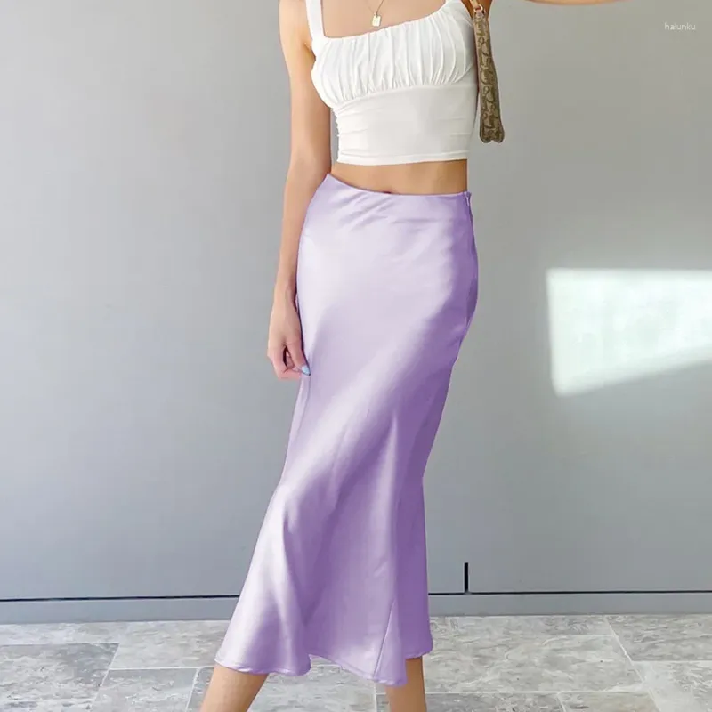 Jupes pour femmes hautes taille et fesses enveloppées de jupe à ajustement slim avec drapé en satin violet sentiment d'été y2k