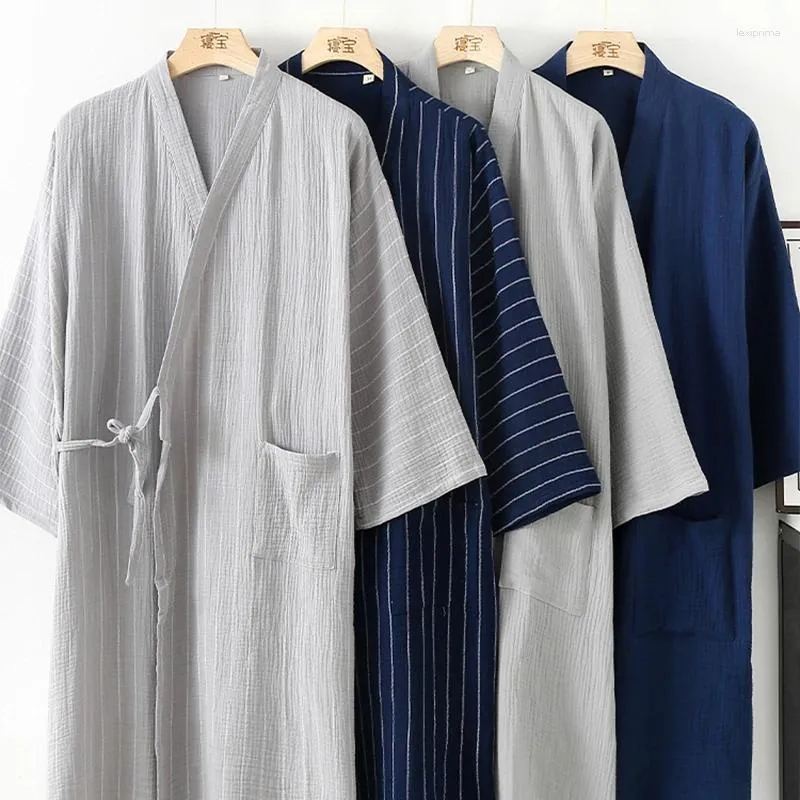 Ethnic Clothing Japanese Traditional Samurai Kimono Pure Cotton Night-Robe Men Yukata Bathing Robe Loose Style Sauna Wear Homewear Long Gown